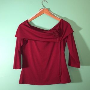 Red top with fold down collar & rose appliqué